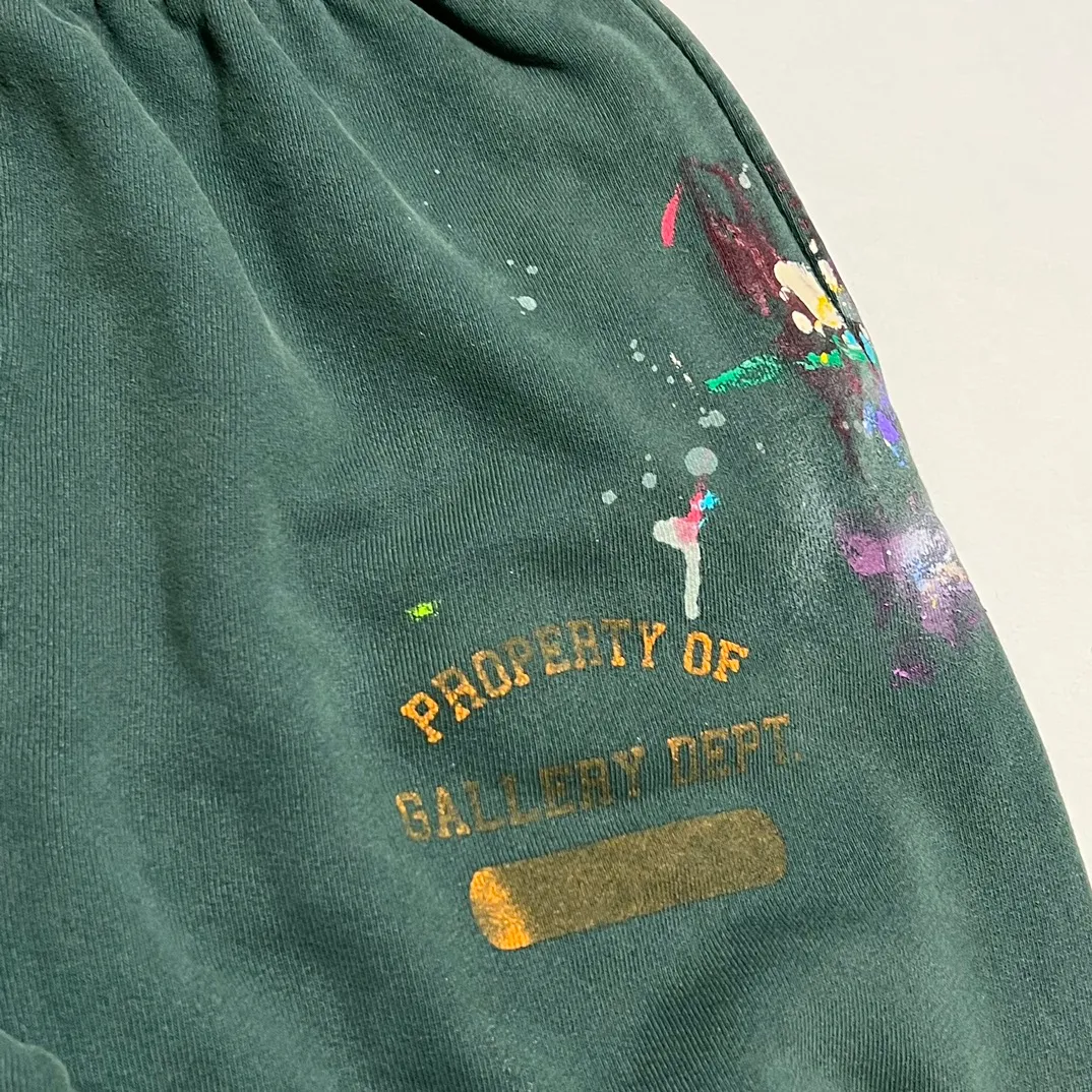 GALLERY DEPT. GD PROPERTY OF SWEATPANTS splashed ink, washed and distressed sweatpants, dark green S-XL, heavy wash and distressed, handmade acrylic splashed ink graffiti, perfect top restoration